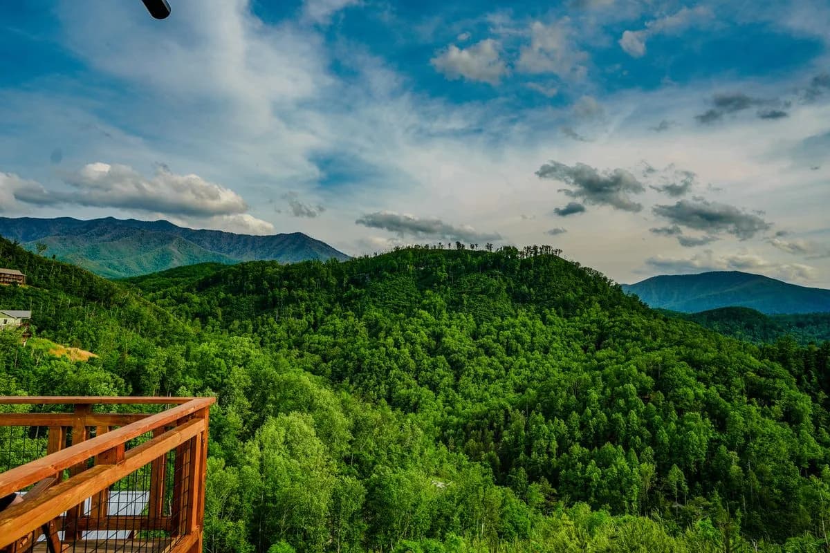 View of the Great Smoky Mountains from a private cabin deck near Gatlinburg