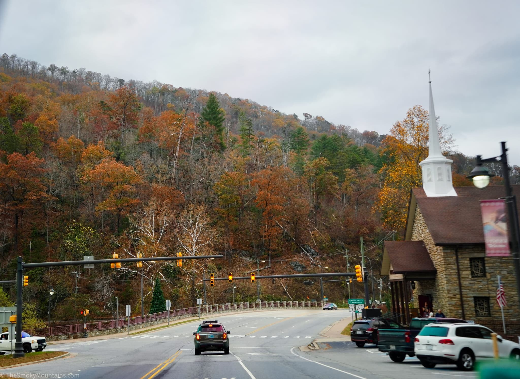 Fall color above downtown Cherokee, North Carolina, beside Cherokee Baptist Church