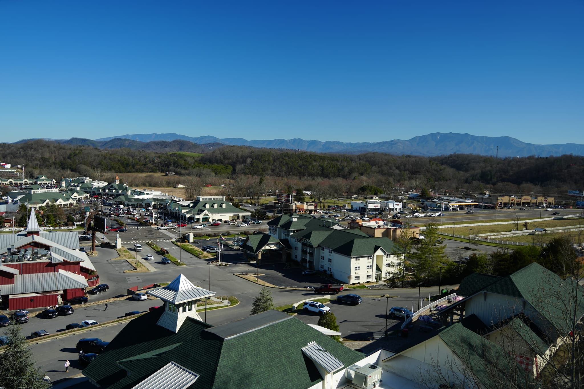 Sevierville's Five Oaks shopping area with the Smoky Mountains on the horizon