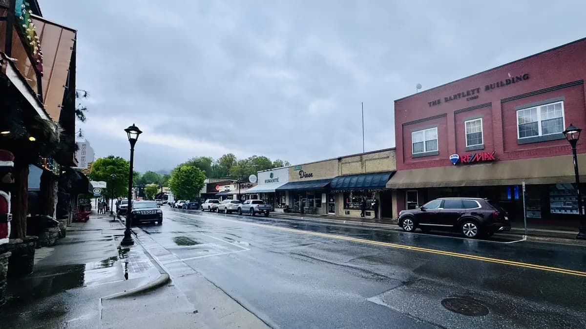 Downtown Bryson City, North Carolina, photographed by Ashley at TheSmokyMountains.com; not a webcam image