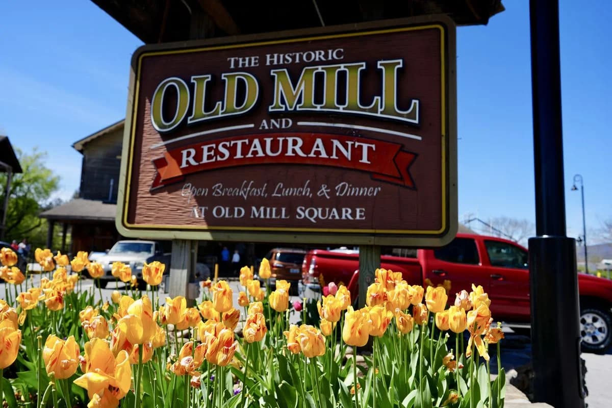 The Old Mill Restaurant and historic waterwheel area in Pigeon Forge