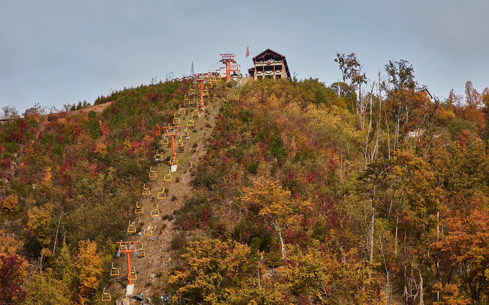 Aerial tramway car traveling above the wooded slopes of Gatlinburg