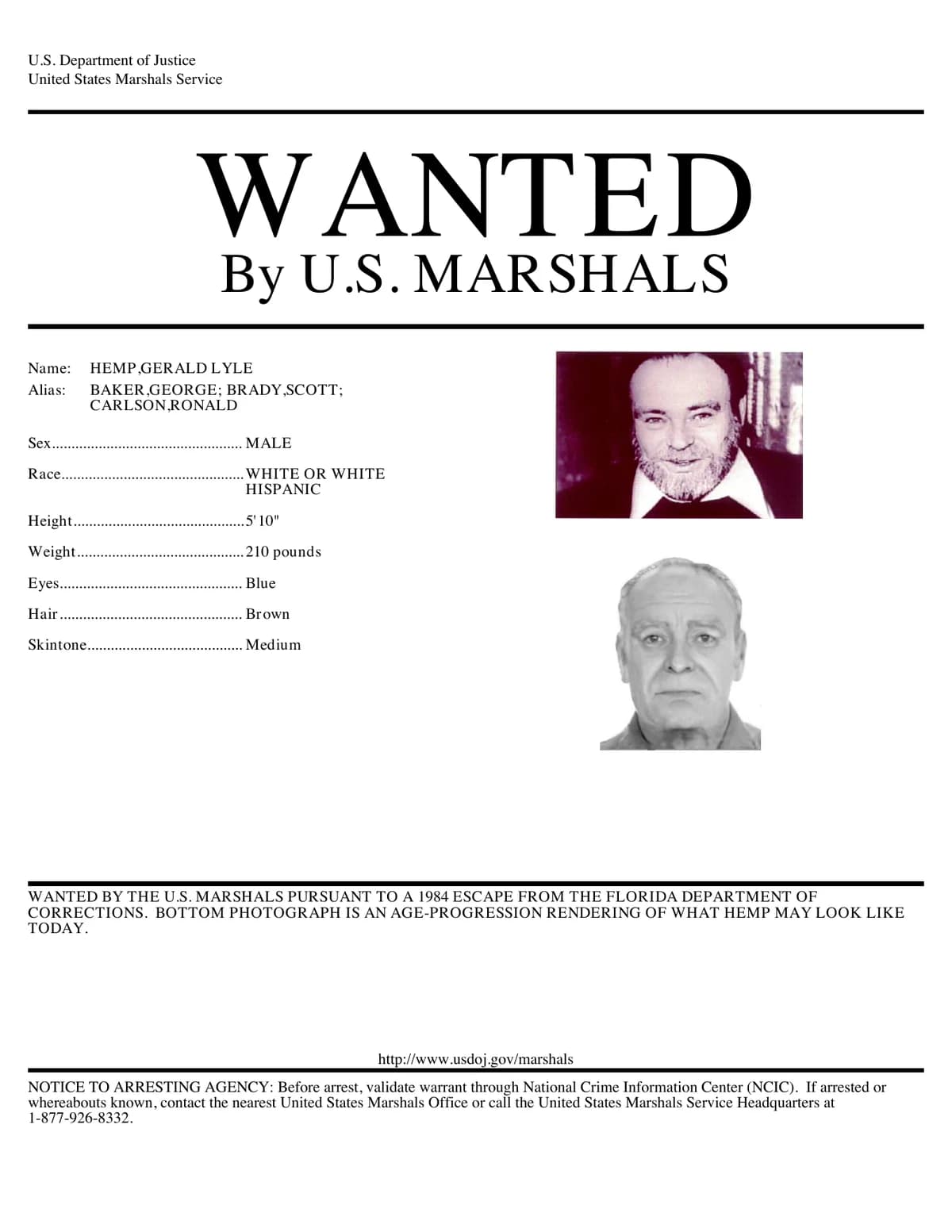 U.S. Marshals Service wanted poster showing Gerald Lyle Hemp and an age-progressed image